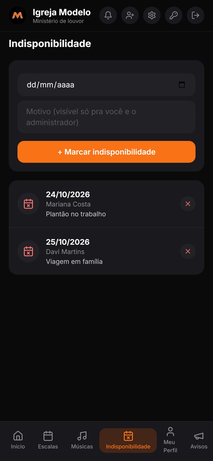 Lista de indisponibilidades: Mariana Costa em 24/10, plantão no trabalho; Davi Martins em 25/10, viagem em família