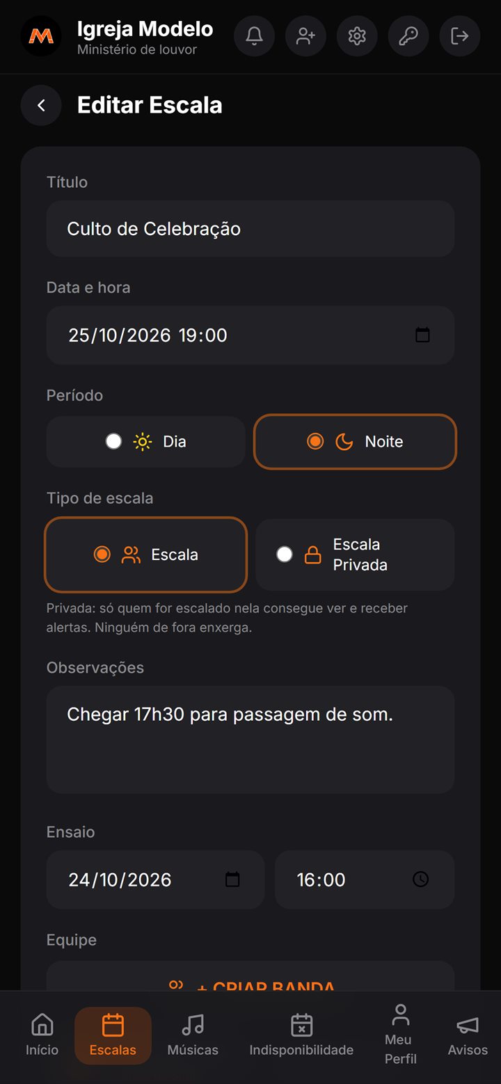 Tela de criação de escala no Ministre: título, data e hora, período, tipo de escala, observações e ensaio